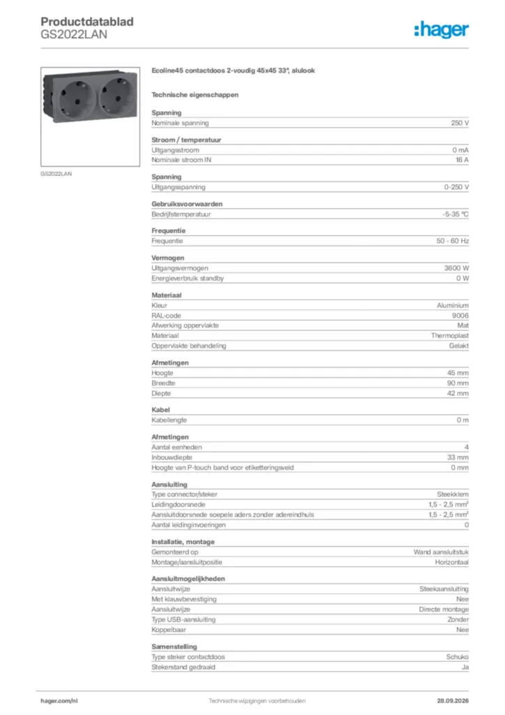 Afbeelding Hager Productdatablad GS2022LAN | Hager Nederland