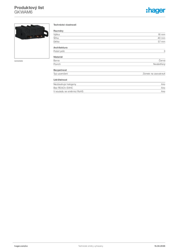 Obrázek Hager Product data sheet GKWAM6 | Hager