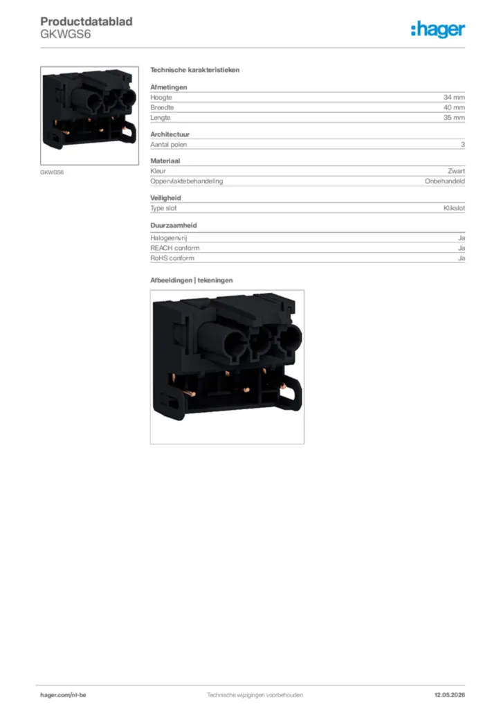 Afbeelding Hager Productdatablad GKWGS6 | Hager Belgium