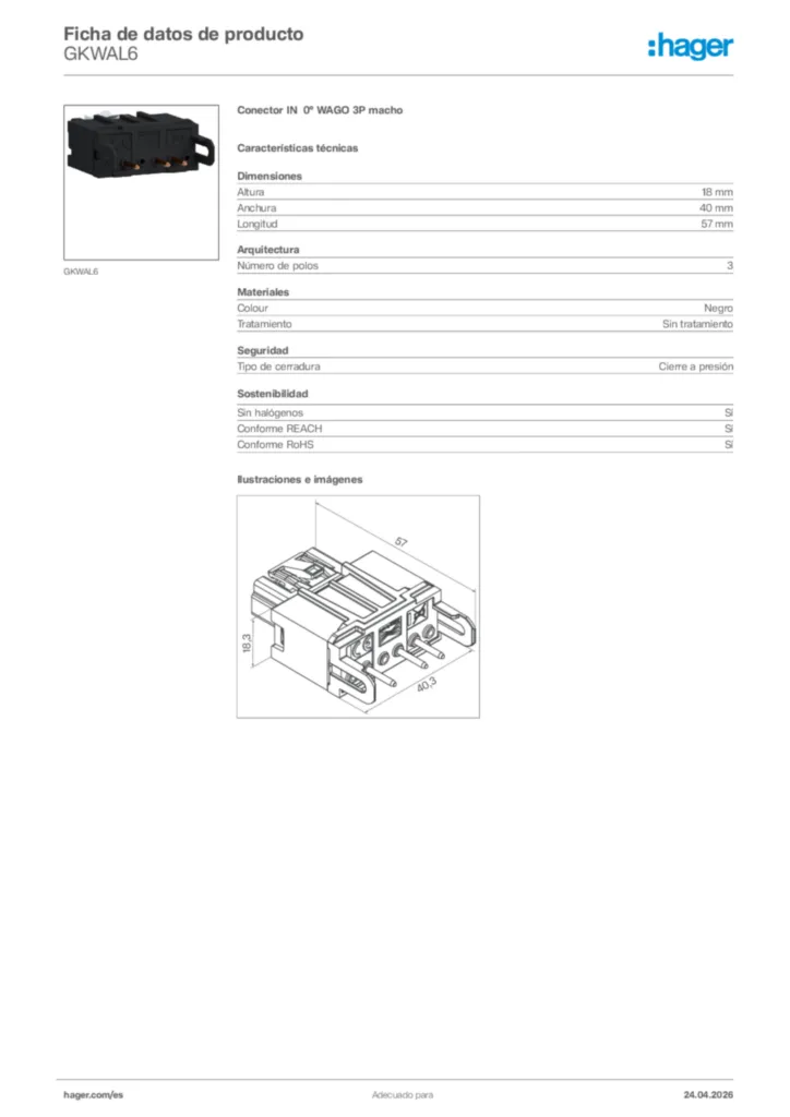 Imagen Hager Ficha de datos de producto GKWAL6 | Hager España