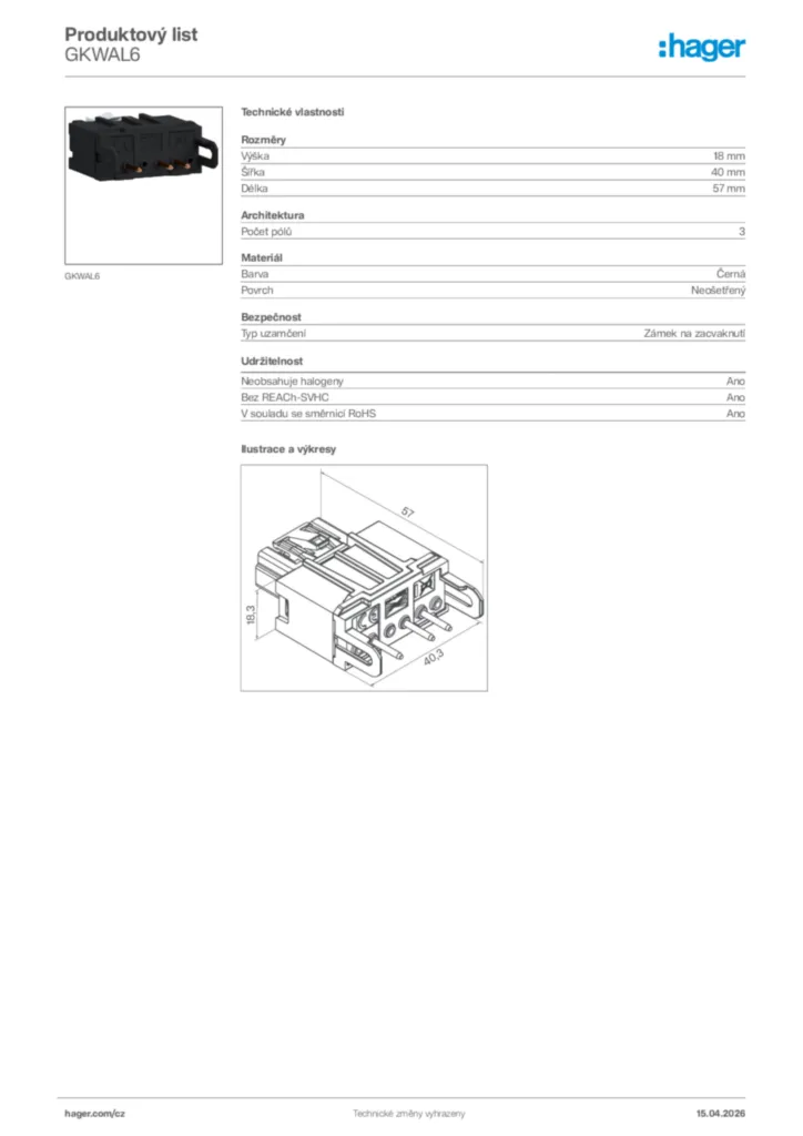 Obrázek Hager Product data sheet GKWAL6 | Hager