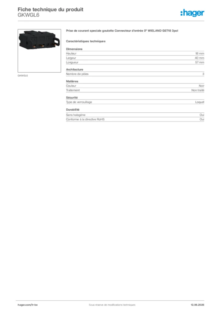 Image Hager Fiche technique du produit GKWGL6 | Hager Belgique