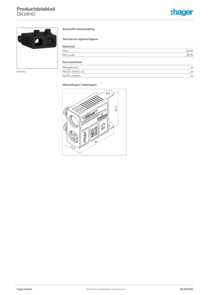 Afbeelding Hager Productdatablad GKWHO | Hager Nederland