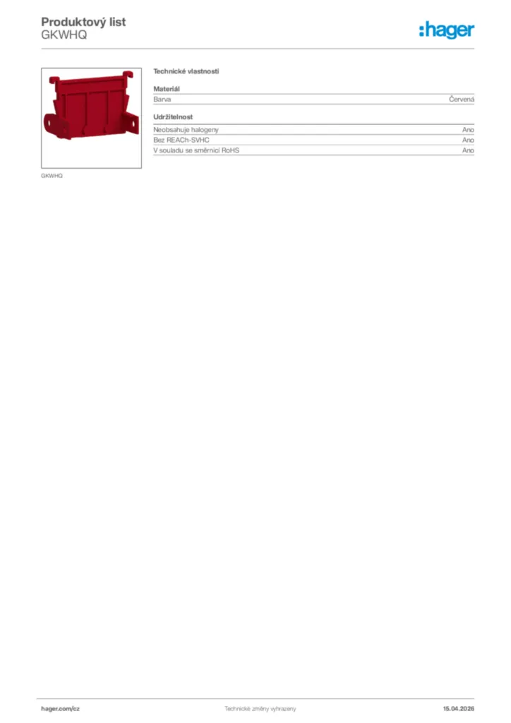 Obrázek Hager Product data sheet GKWHQ | Hager