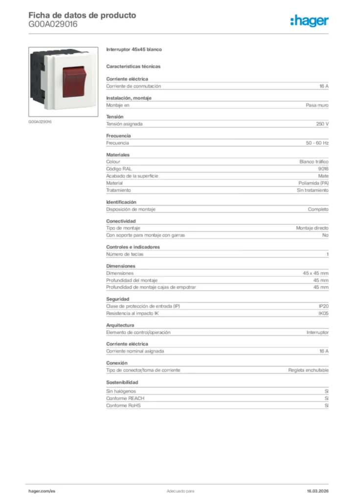 Imagen Hager Ficha de datos de producto G00A029016 | Hager España