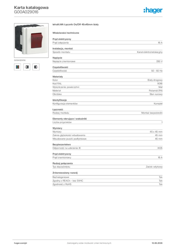 Zdjęcie Hager Karta katalogowa G00A029016 | Hager Polska