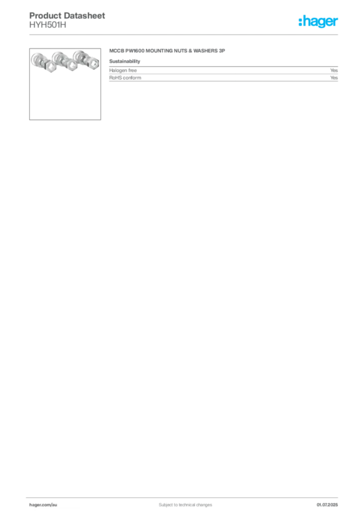Image Hager Product data sheet HYH501H  | Hager Australia