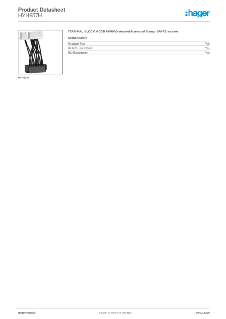 Image Hager Product data sheet HYH957H  | Hager Australia