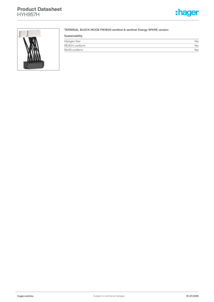 Image Hager Product data sheet HYH957H  | Hager Australia