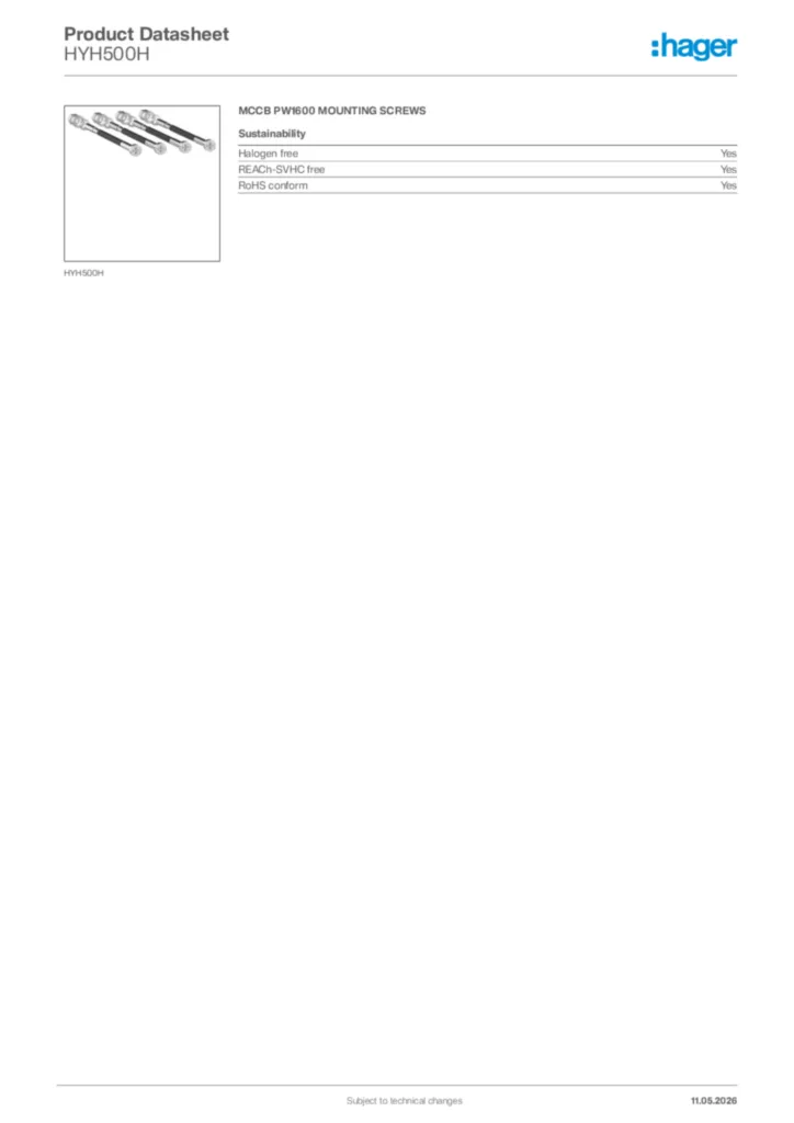 Image Hager Product data sheet HYH500H  | Hager Africa
