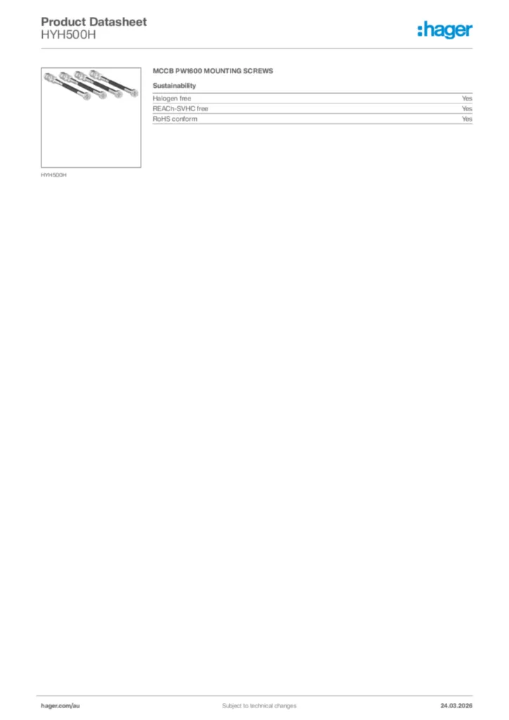 Image Hager Product data sheet HYH500H  | Hager Australia
