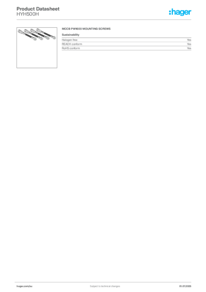 Image Hager Product data sheet HYH500H  | Hager Australia