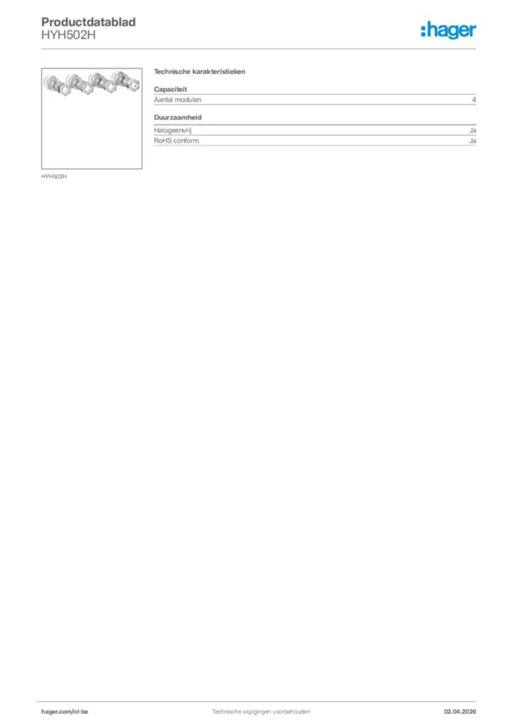 Afbeelding Hager Productdatablad HYH502H | Hager Belgium