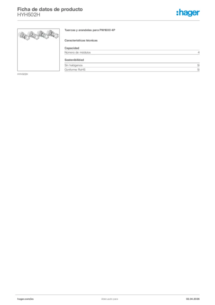 Imagen Hager Ficha de datos de producto HYH502H | Hager España