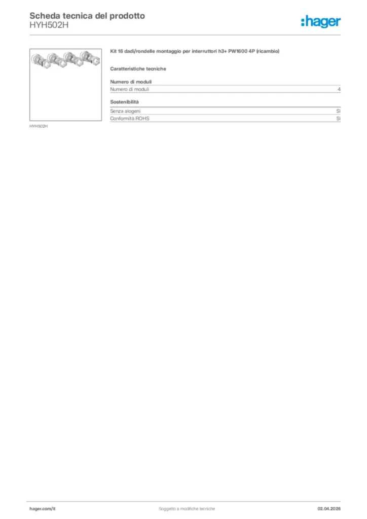 Immagine Hager Scheda tecnica del prodotto HYH502H | Hager Italia