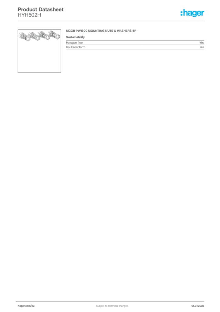 Image Hager Product data sheet HYH502H  | Hager Australia