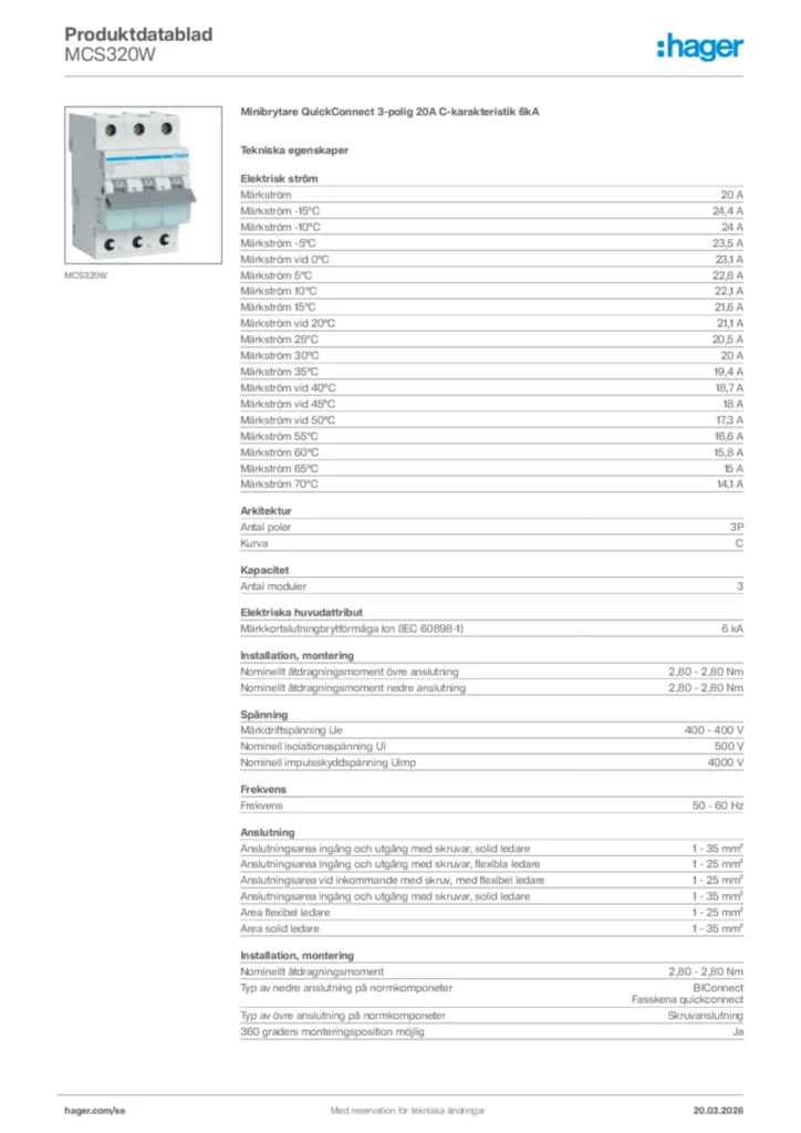 Bild Hager Produktdatablad MCS320W | Hager Sverige