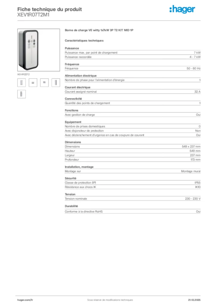 Image Hager Fiche technique du produit XEV1R07T2M1 | Hager France