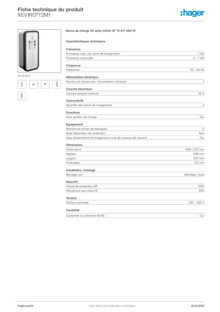 Image Hager Fiche technique du produit XEV1R07T2M1 | Hager France