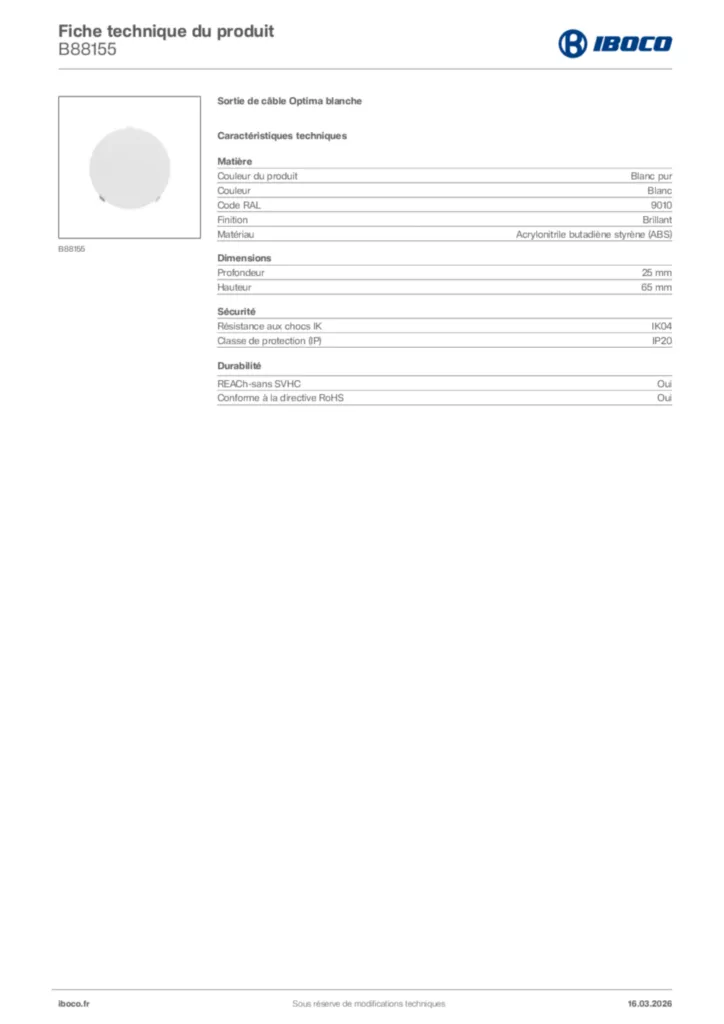 Image Iboco Fiche technique du produit B88155 | Hager France