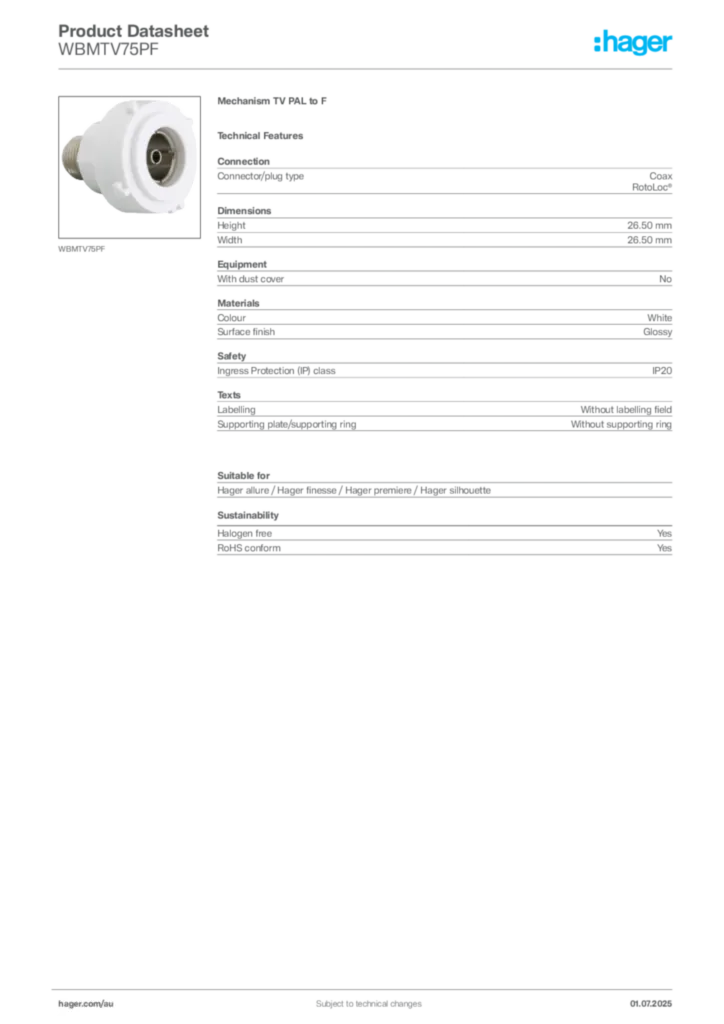 Image Hager Product data sheet WBMTV75PF  | Hager Australia