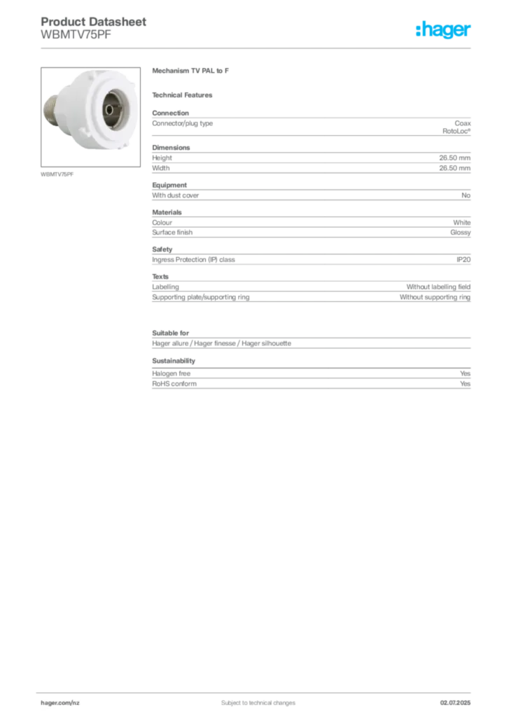Image Hager Product data sheet WBMTV75PF  | Hager New Zealand