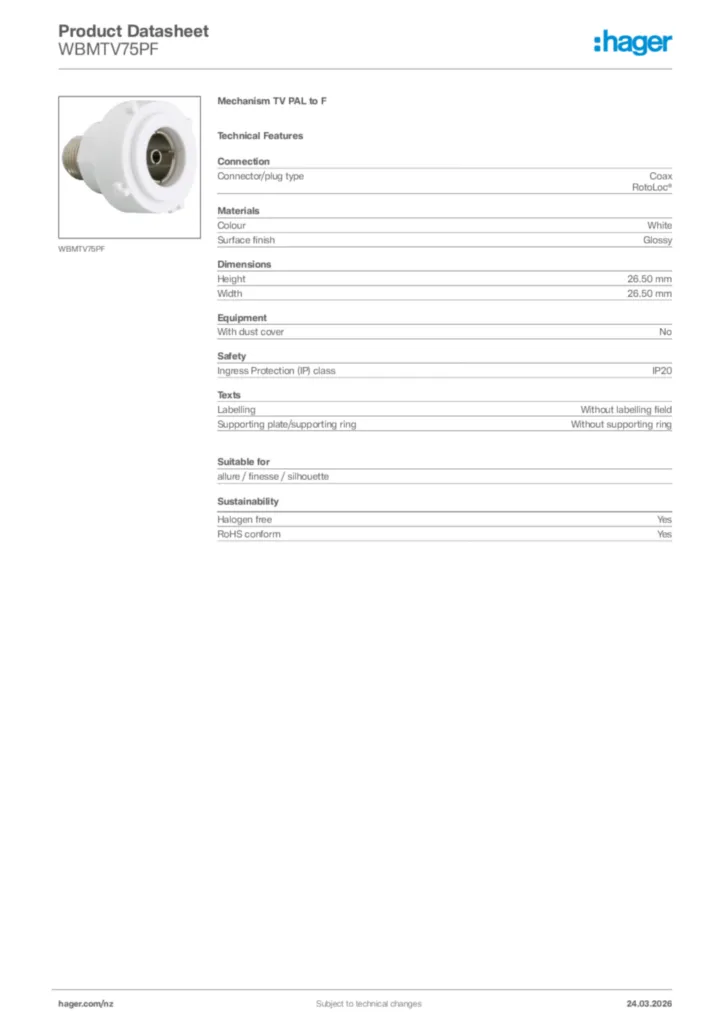 Image Hager Product data sheet WBMTV75PF  | Hager New Zealand