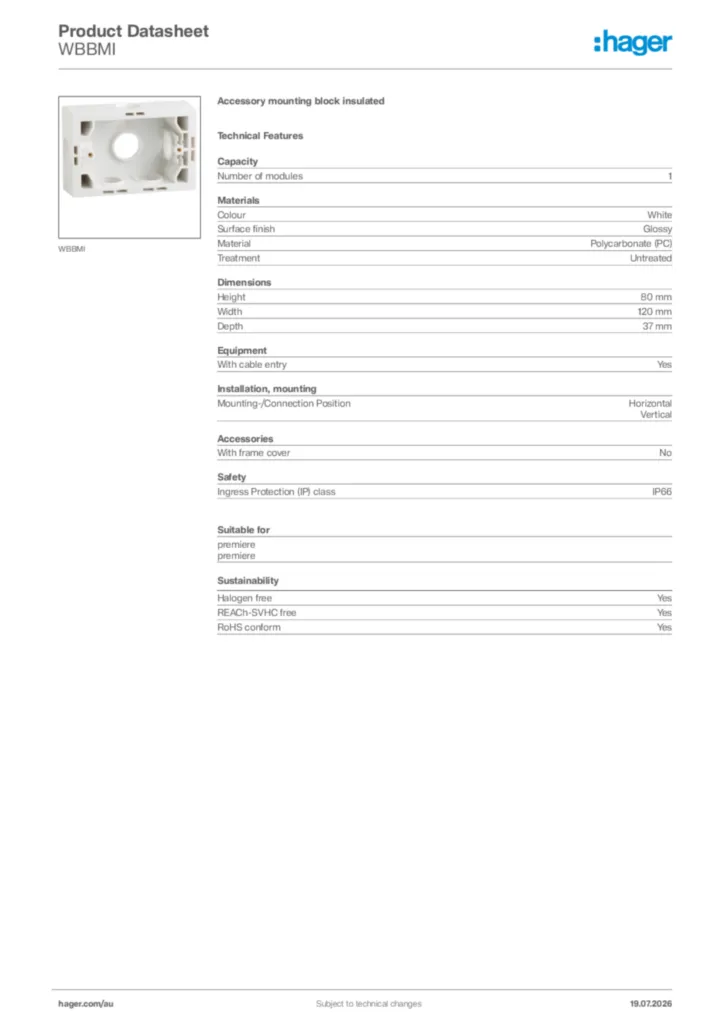 Image Hager Product data sheet WBBMI  | Hager Australia