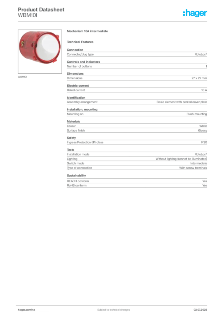 Image Hager Product data sheet WBM10I  | Hager New Zealand