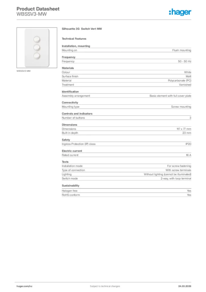 Image Hager Product data sheet WBSSV3-MW  | Hager New Zealand