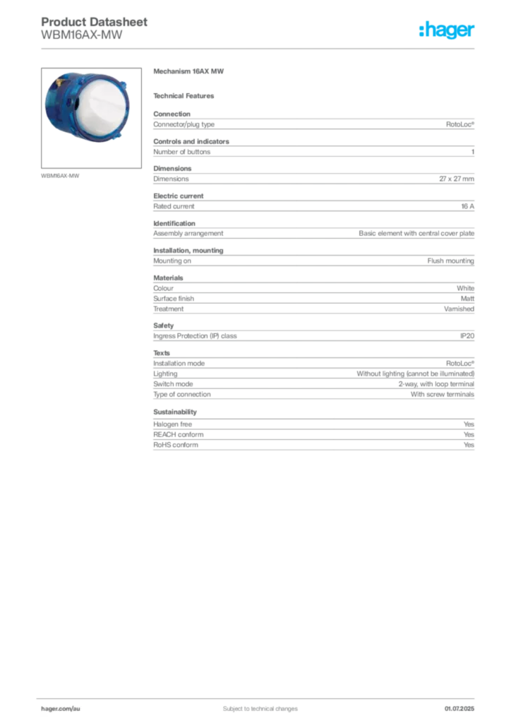 Image Hager Product data sheet WBM16AX-MW  | Hager Australia