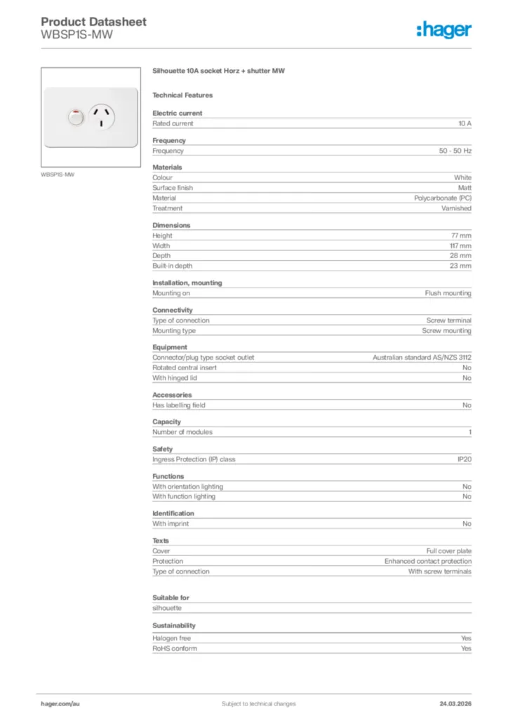 Image Hager Product data sheet WBSP1S-MW  | Hager Australia