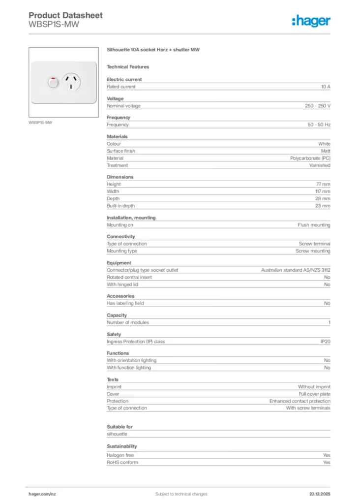 Image Hager Product data sheet WBSP1S-MW  | Hager New Zealand