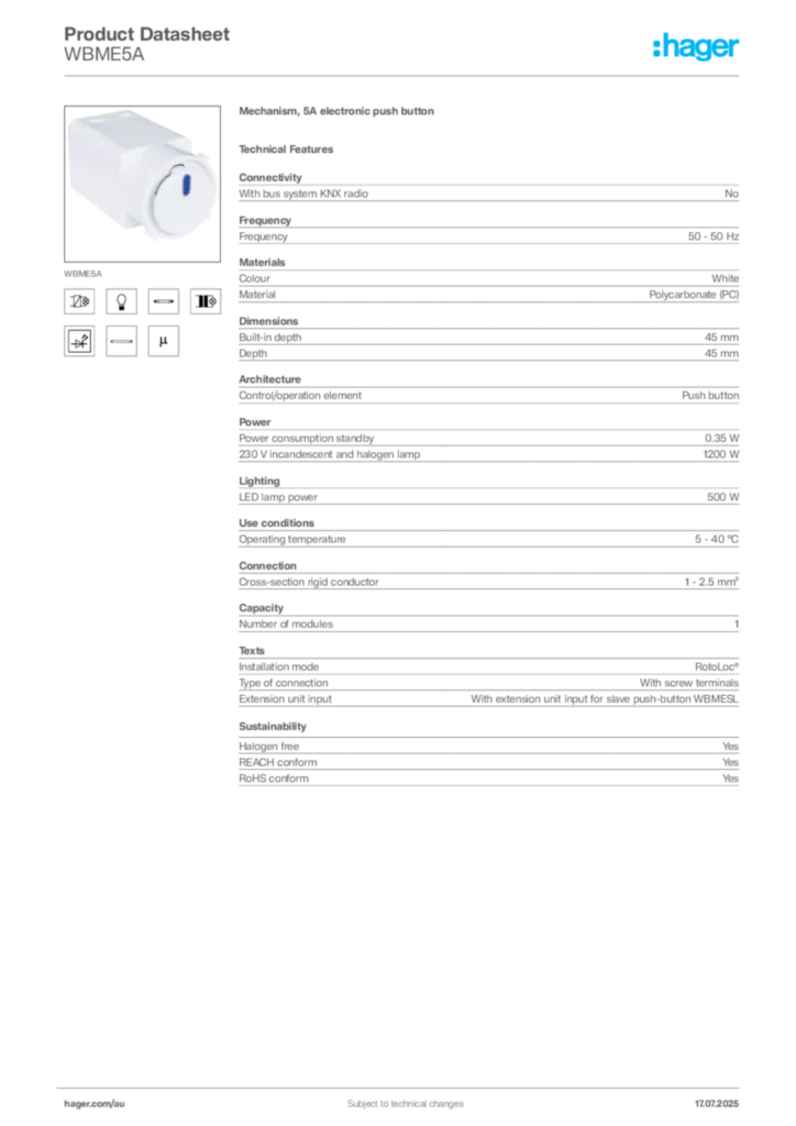 Image Hager Product data sheet WBME5A  | Hager Australia