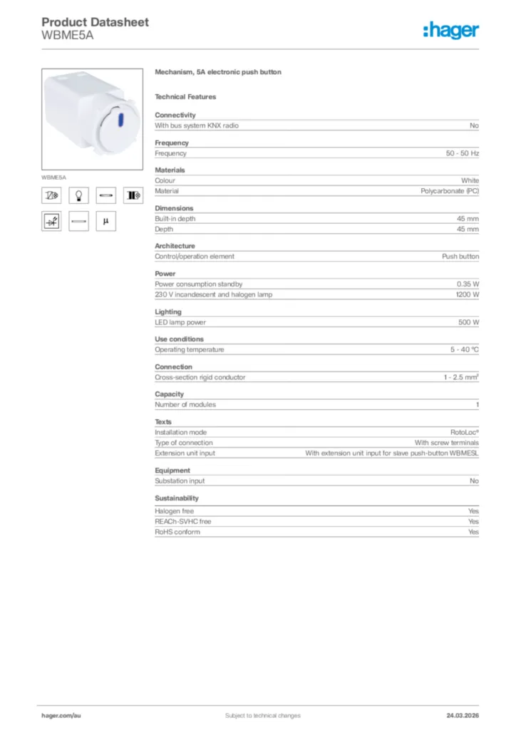 Image Hager Product data sheet WBME5A  | Hager Australia