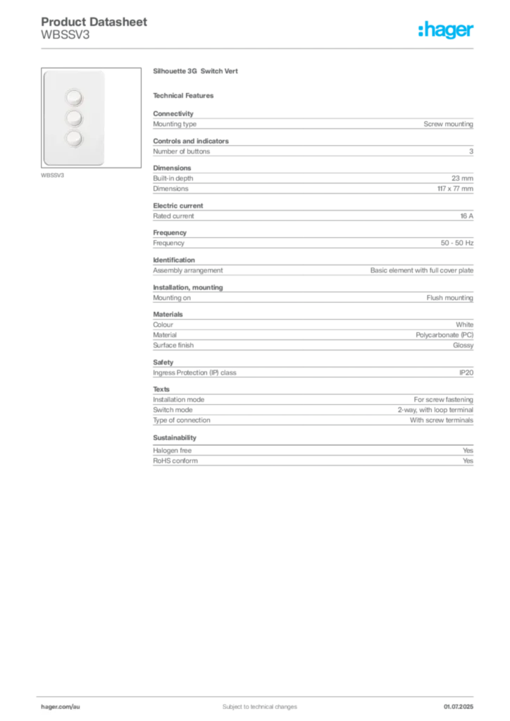 Image Hager Product data sheet WBSSV3  | Hager Australia
