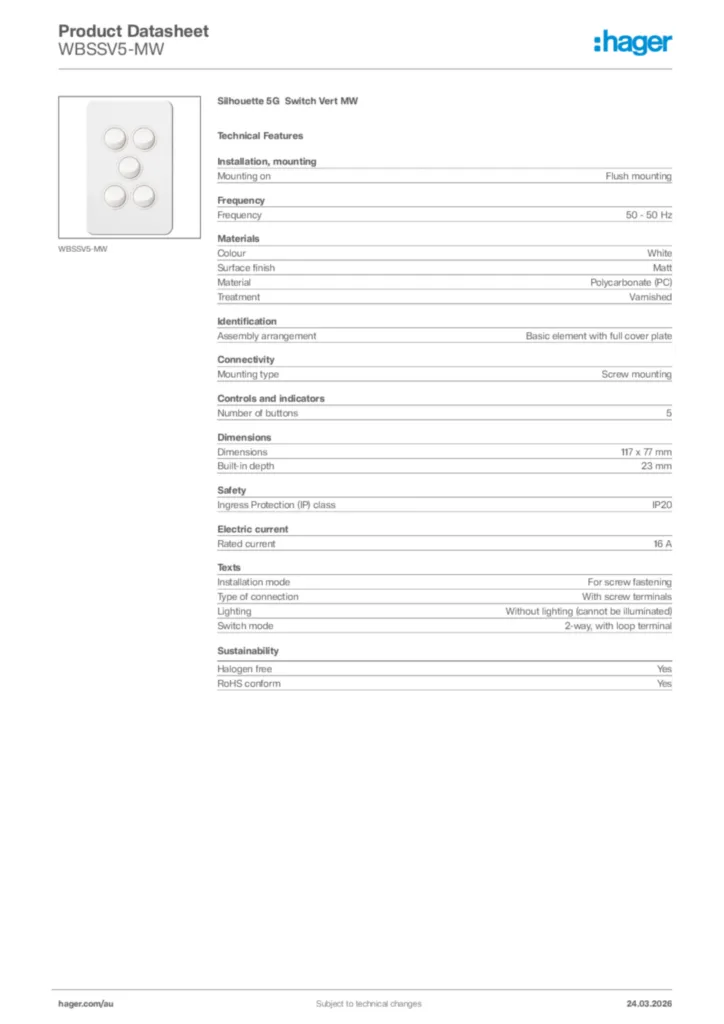 Image Hager Product data sheet WBSSV5-MW  | Hager Australia