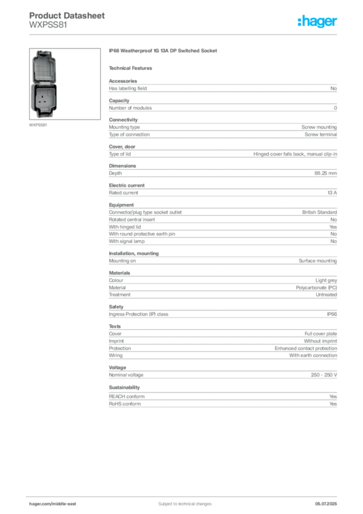 Image Hager Product data sheet WXPSS81  | Hager