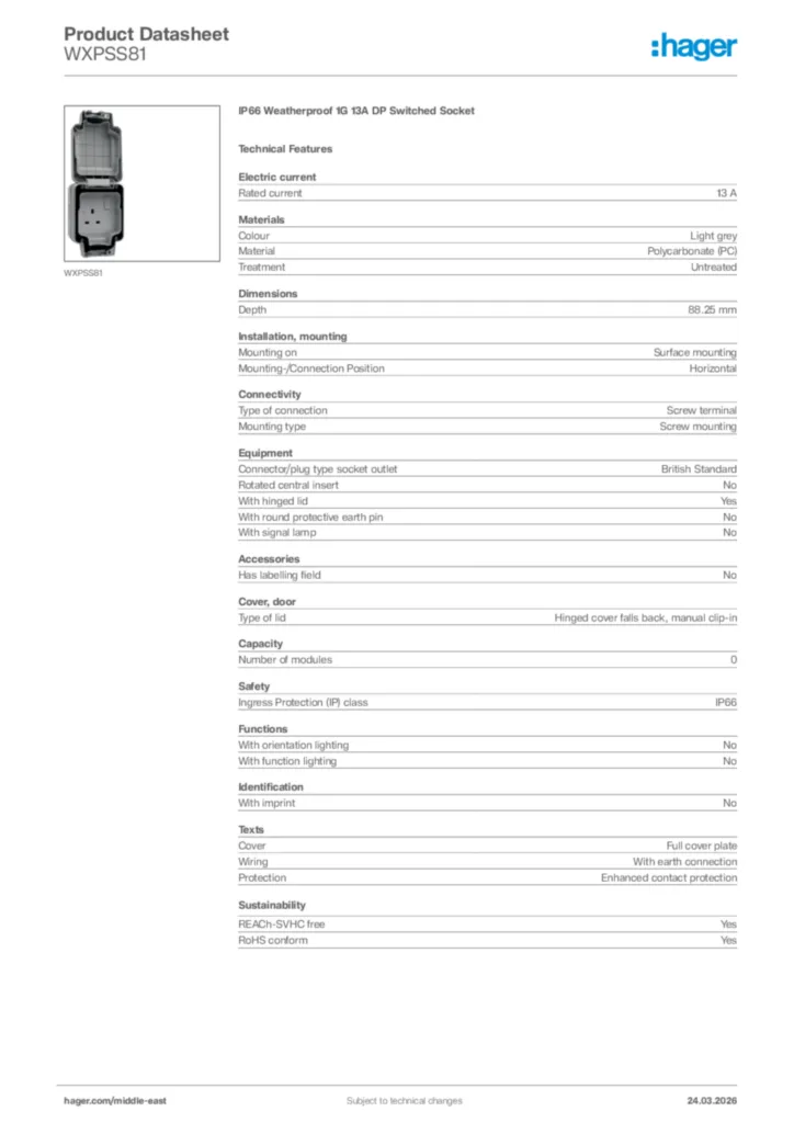 Image Hager Product data sheet WXPSS81  | Hager