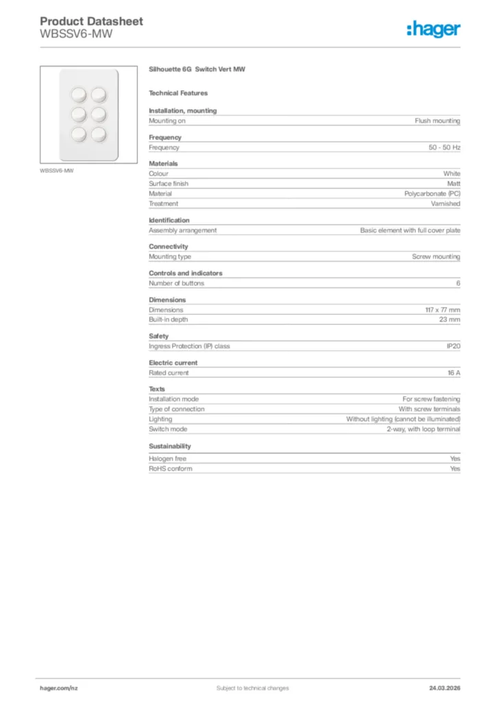Image Hager Product data sheet WBSSV6-MW  | Hager New Zealand