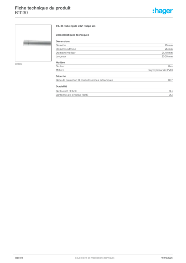 Image Iboco Fiche technique du produit B11130 | Hager France