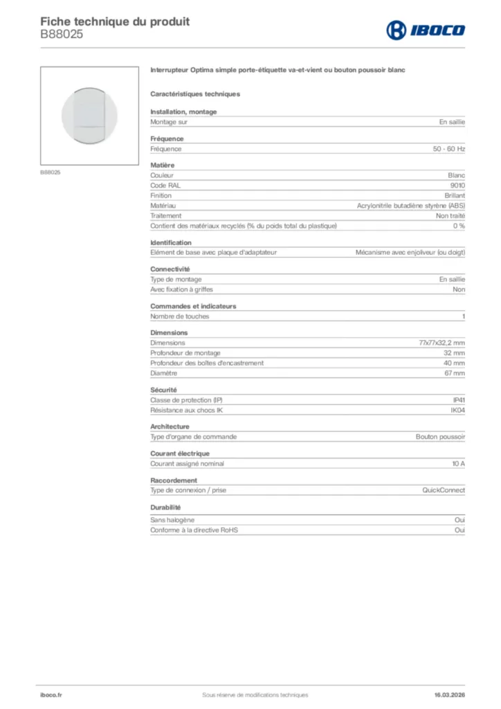 Image Iboco Fiche technique du produit B88025 | Hager France