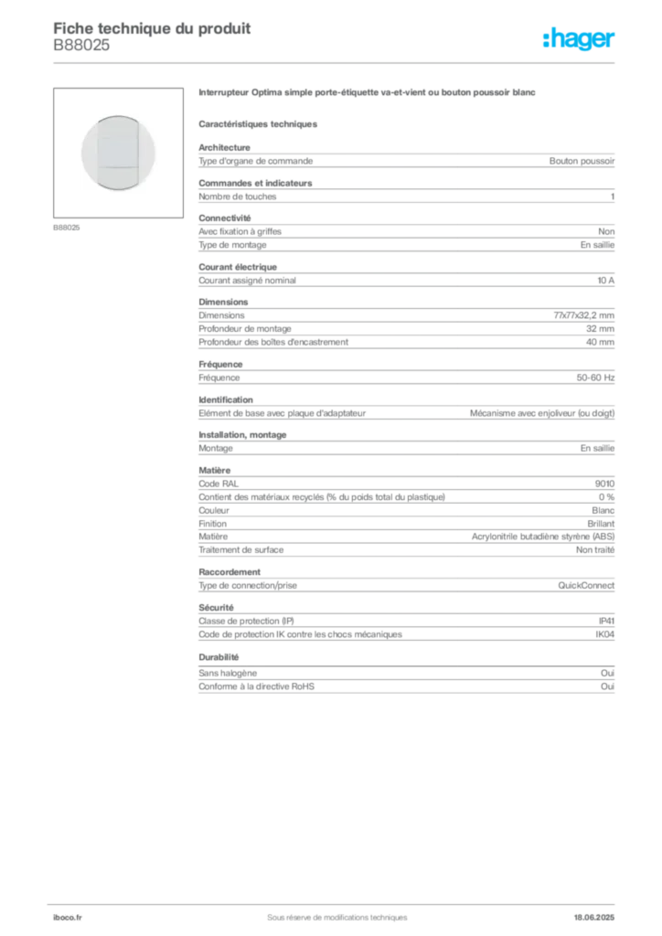 Image Iboco Fiche technique du produit B88025 | Hager France
