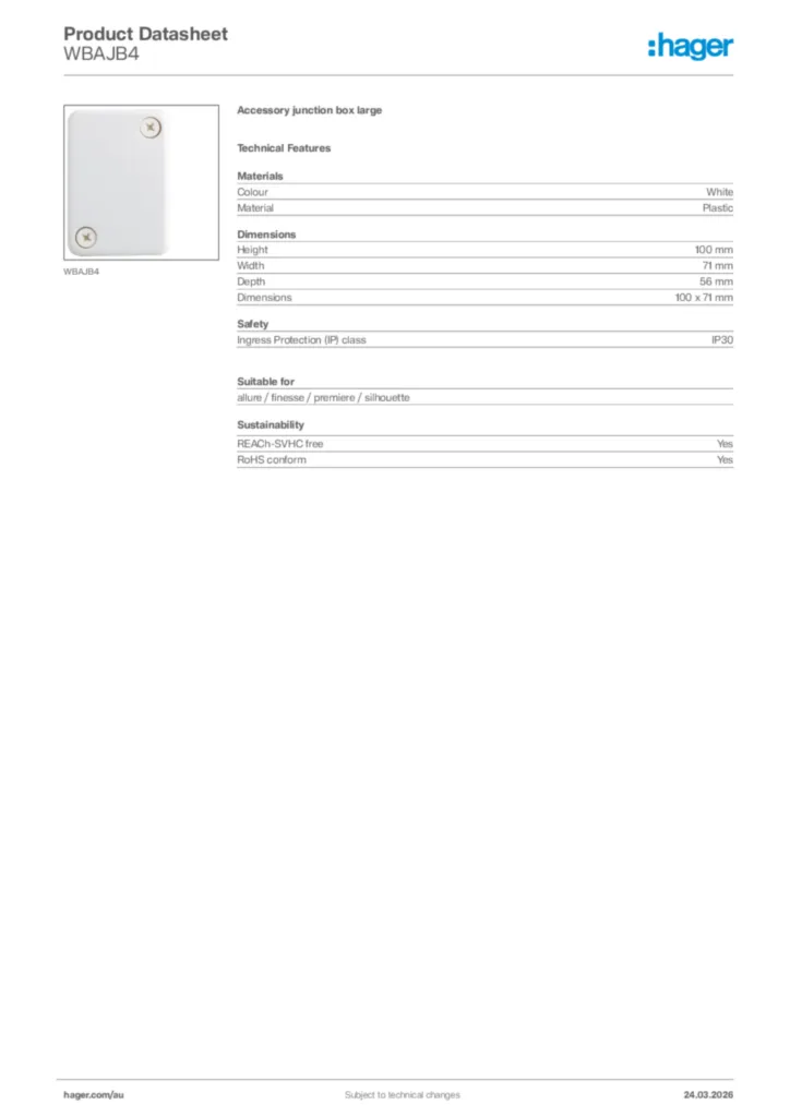 Image Hager Product data sheet WBAJB4  | Hager Australia