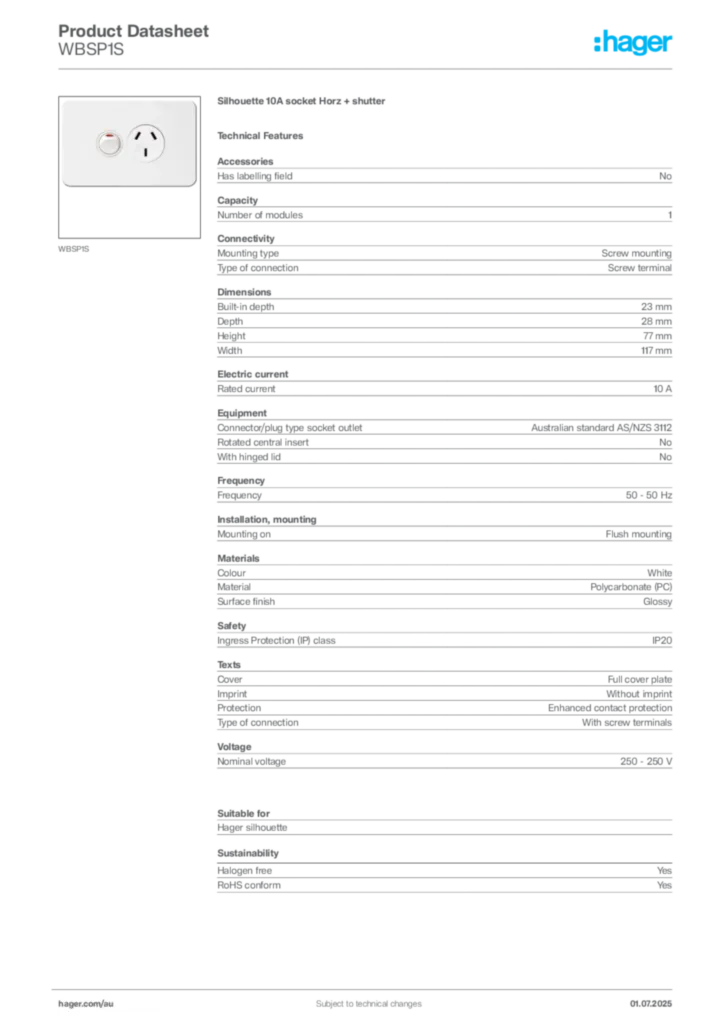 Image Hager Product data sheet WBSP1S  | Hager Australia
