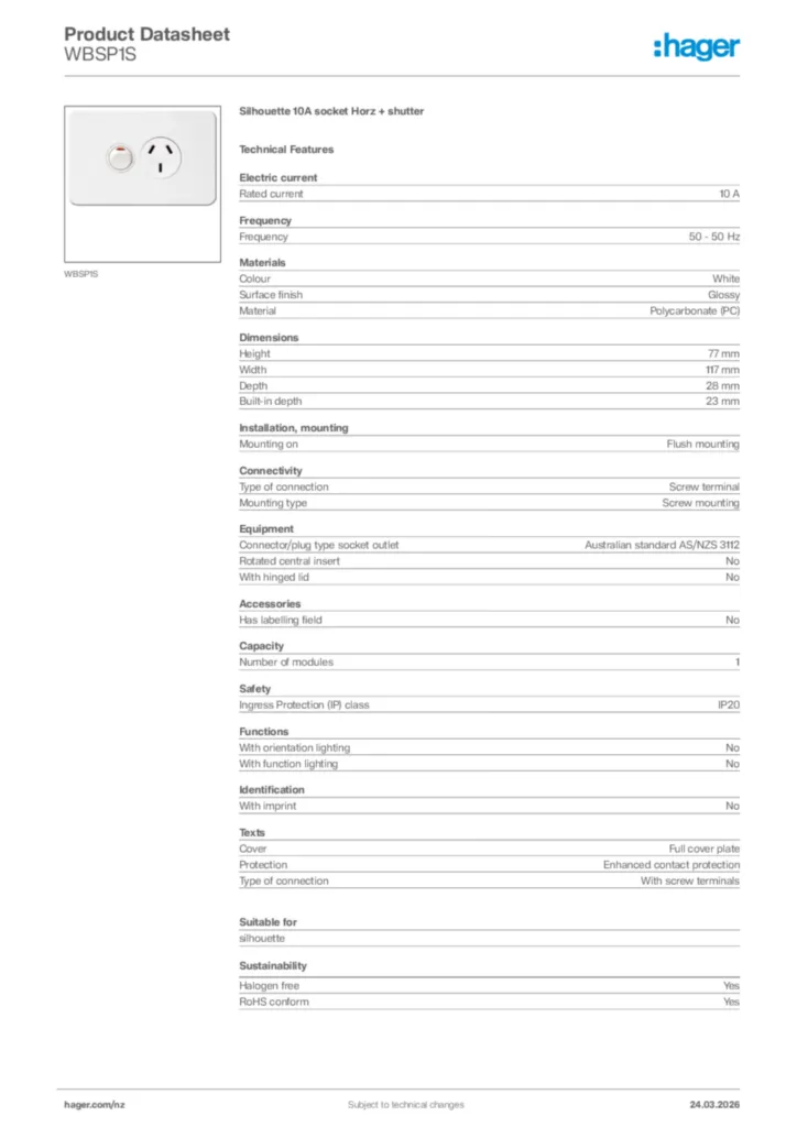 Image Hager Product data sheet WBSP1S  | Hager New Zealand