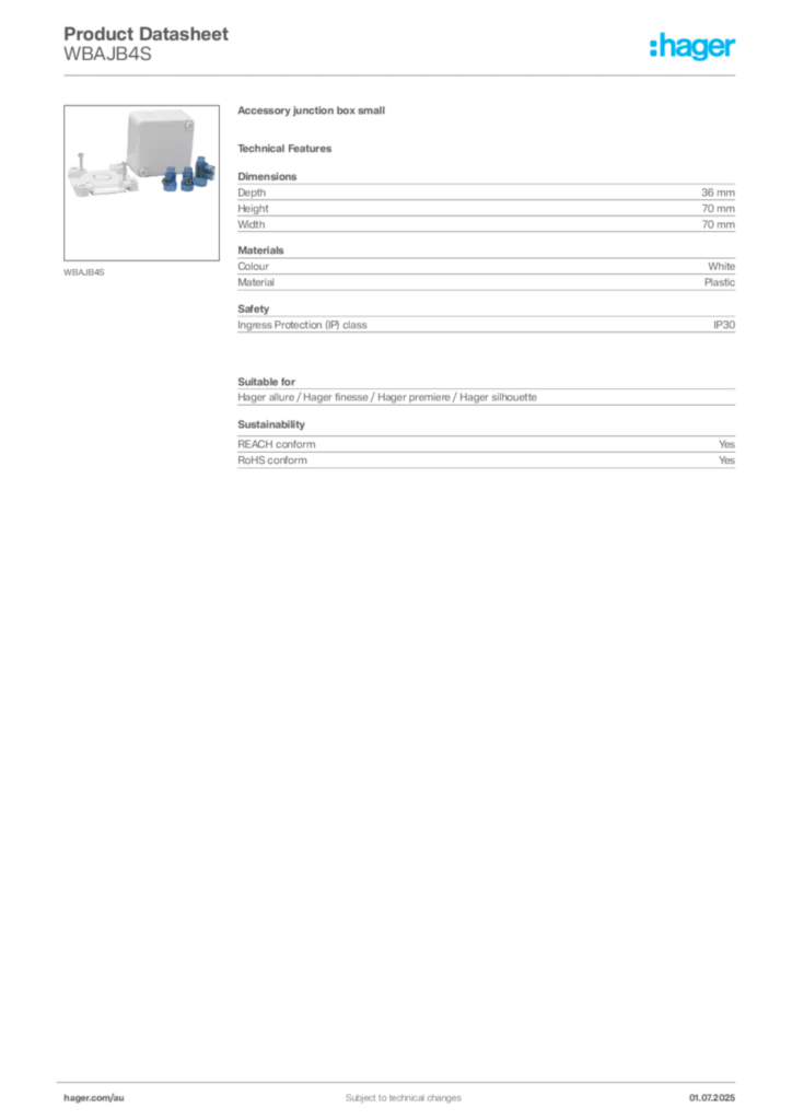 Image Hager Product data sheet WBAJB4S  | Hager Australia