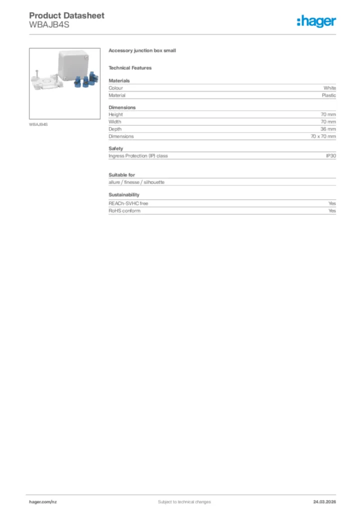 Image Hager Product data sheet WBAJB4S  | Hager New Zealand
