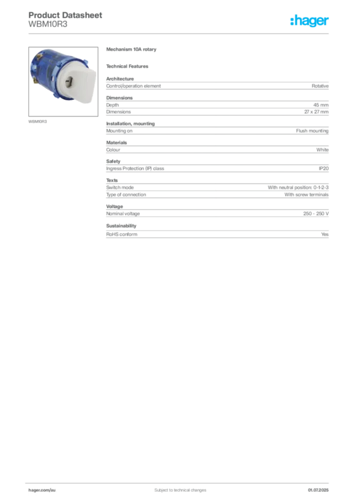 Image Hager Product data sheet WBM10R3  | Hager Australia