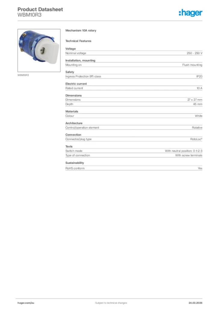 Image Hager Product data sheet WBM10R3  | Hager Australia